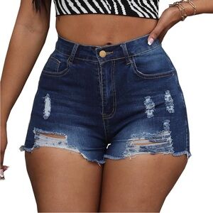 Stylish Dark Blue Distressed Jean Shorts stretchy frayed ray hem short jeans